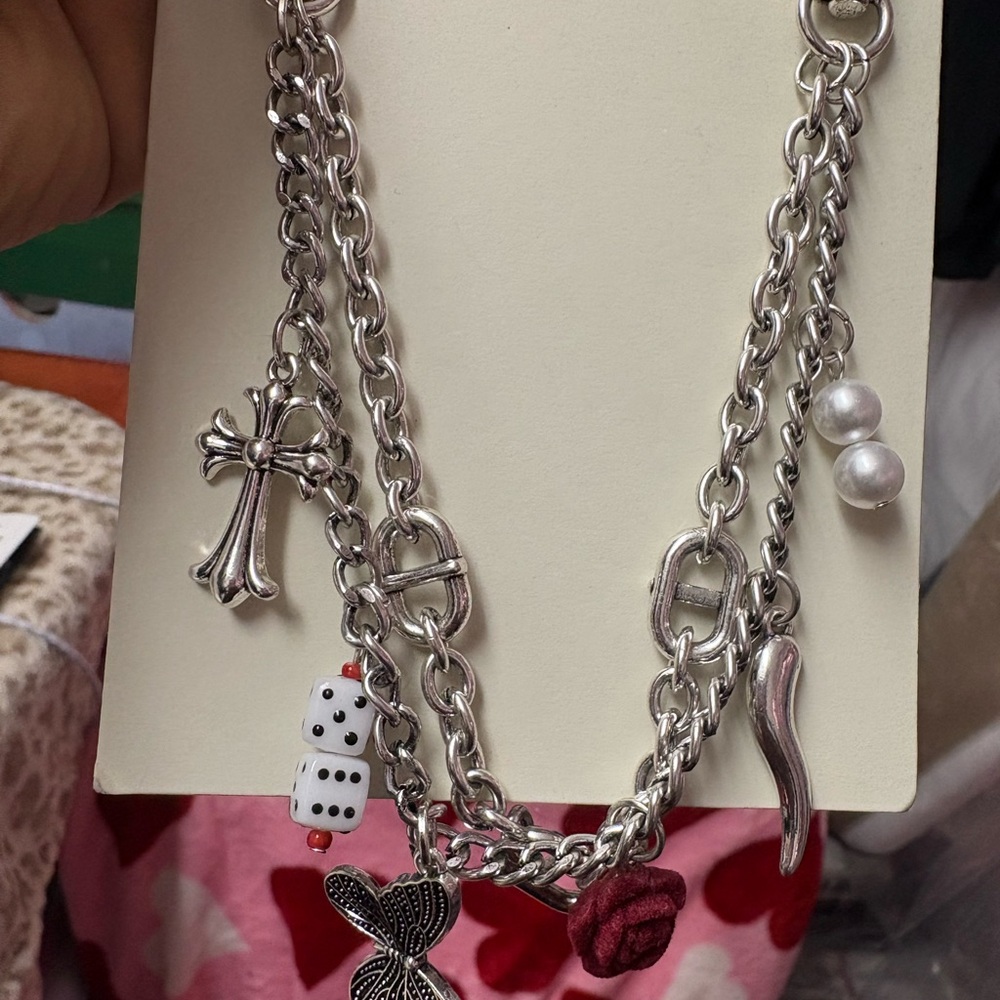 Silver Charm Necklace with Red and Black Accents - Picture 1 of 1